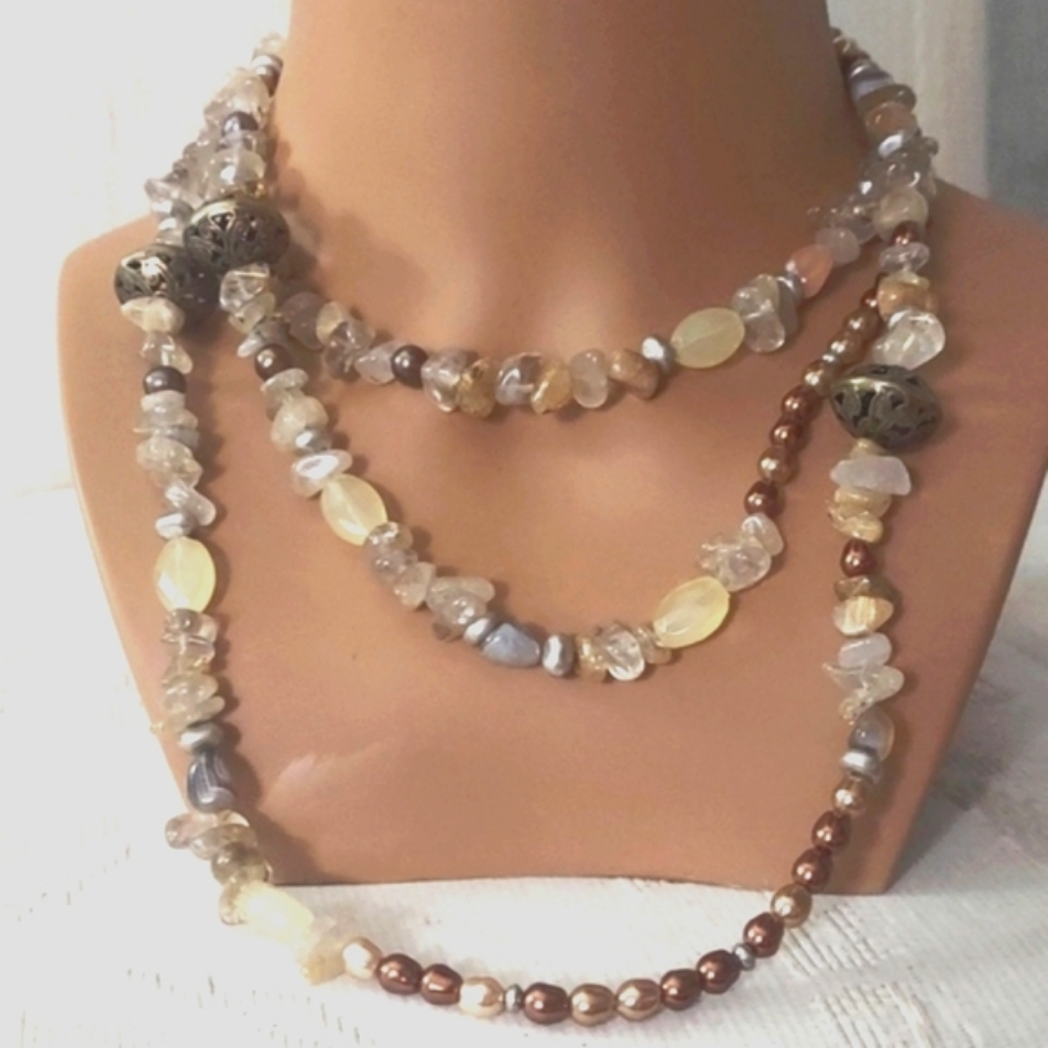 Coldwater Creek Extra Long Single Strand Necklace Natural Quartz Faux Pearl Bead 25$